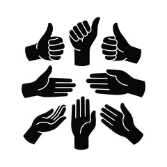 Obraz premium Set of hands vector icon illustration shows various finger signs and human gestures like up, help, and team symbols in black silhouette art design