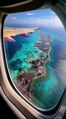 Fototapeta premium Stunning Aerial View of Turquoise Ocean and Coastal Island from Airplane Window A Breathtaking Seascape