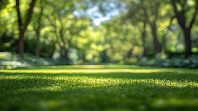 Green grass field with trees in the background on a sunny day.