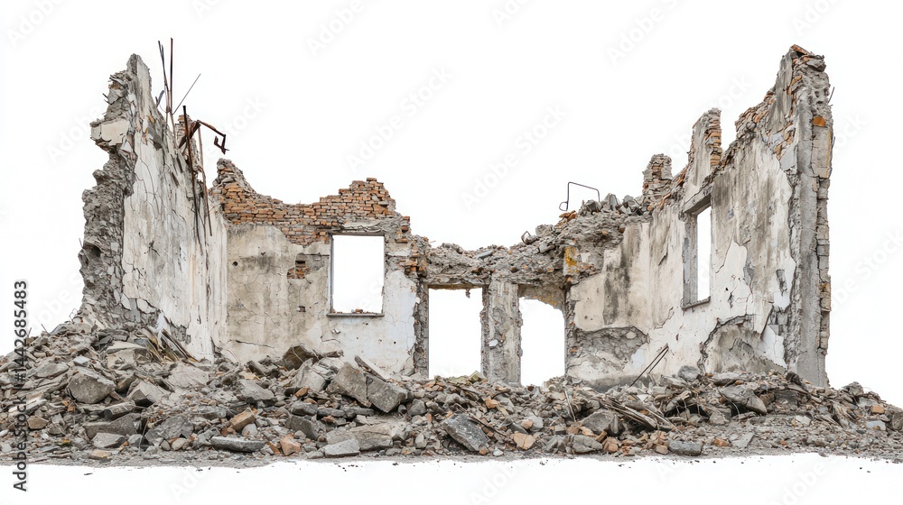 Poster urban ruins with broken foundations and disintegrating structures on white background