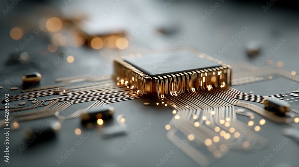 Poster detailed macro shot of a computer chip with intricate circuit connections