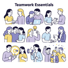 Teamwork essentials illustrated with diverse people collaborating, communicating,