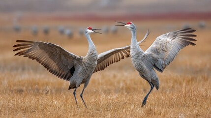 Fototapeta premium Sandhill Crane Courtship Dance in Autumn Meadow