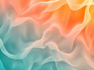 Fototapeta premium Abstract background featuring flowing, ethereal translucent waves resembling smoke or sheer fabric in soft pastel orange and teal blue hues.