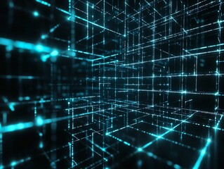Abstract futuristic technology background featuring a 3D grid network of glowing blue lines and sparkling nodes extending into perspective. 