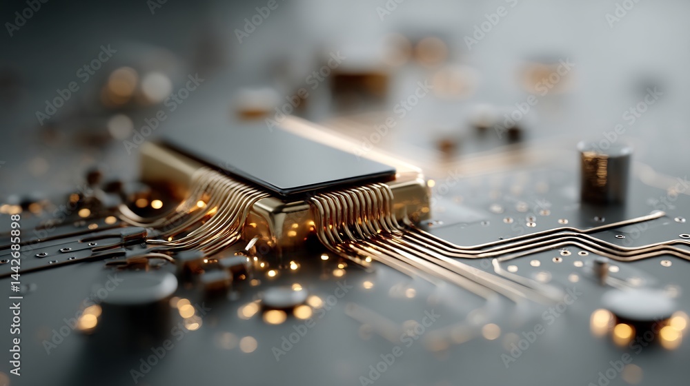 Poster macro view of a golden computer processor chip illustrating modern technology