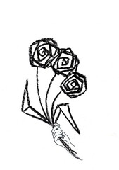The image shows a contrasting, monochrome drawing made with black pastel or charcoal. Geometric roses with angular petals and a spiral core form a bouquet held by an elegant female hand.