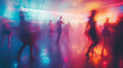 Blurred figures dancing in vibrant, colorful light.