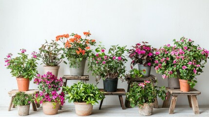Fototapeta premium Variety of flowering indoor plants on wooden stools on white background.