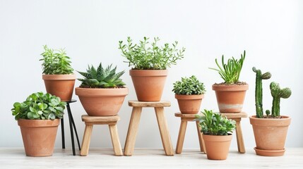 Variety of indoor plants in terracotta pots placed on wooden stools on white background.
