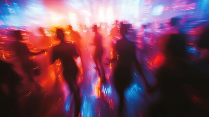 Blurred figures dancing in a vibrant nightclub.
