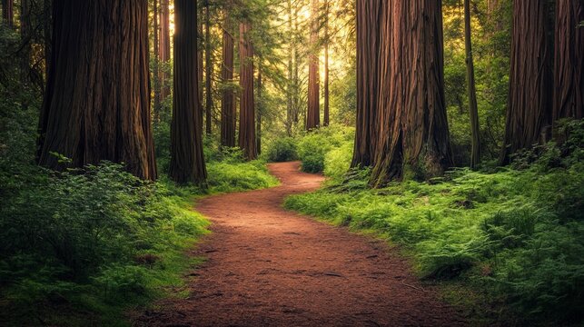 Serene redwood forest path winding through lush green nature old calm fall dark moss tall trail trees