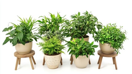 Fototapeta premium Variety of lush green plants on wooden stools with neutral ceramic pots on white background.