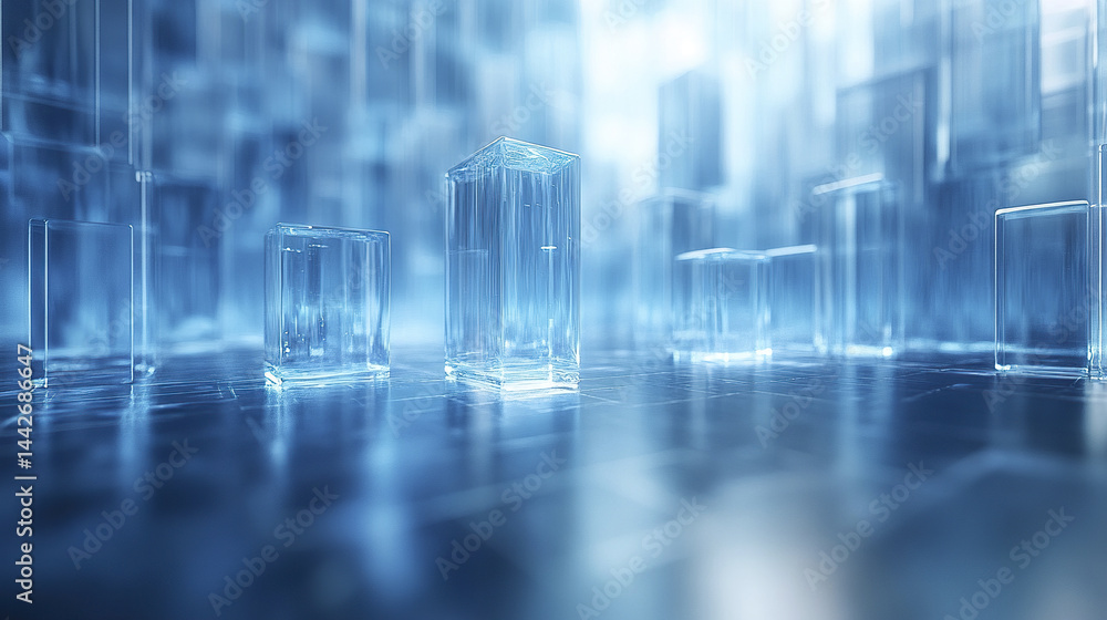 Poster translucent glass structures create futuristic atmosphere with vertical lines and reflections