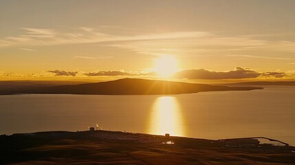 Obraz premium Island Sunset, Coastal City, Golden Hour, Aerial View