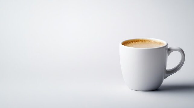 A white ceramic cup filled with coffee on a minimalist light grey background, showcasing simplicity and elegance, and perfect for a morning routine.