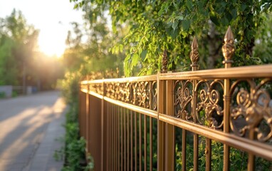 Golden Decorative Fence with Greenery and Sunset Glow on Street