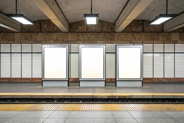 Front view of three empty white billboard screens at the metro station. Mock up. Blank advertising billboards in the subway
