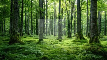 Obraz premium Vibrant green forest with thick tree trunks, moss, and lush vegetation on white background.