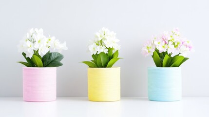 Fototapeta premium Three small potted plants in pastel colors