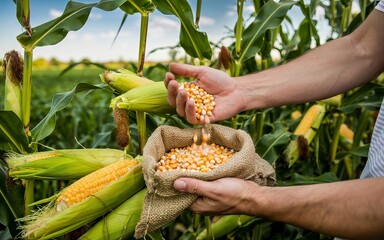 Person pouring corn kernels into a burlap sack in a field of growing corn plants