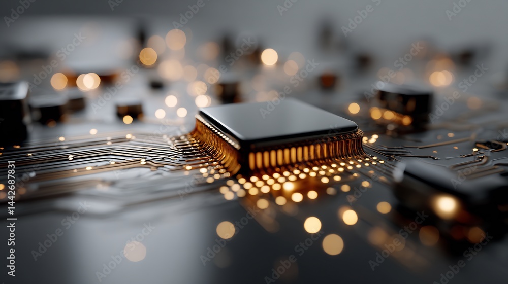 Poster sophisticated microprocessor illuminating data streams on circuit board