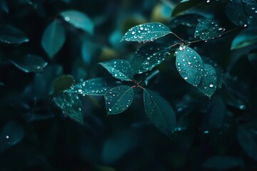 Close-up of lush leaves covered in morning dew. Deep teal green foliage, intricate details