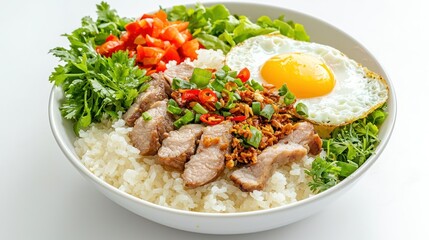Vietnamese broken rice dishes (com tam) with pork chop and egg on white background.