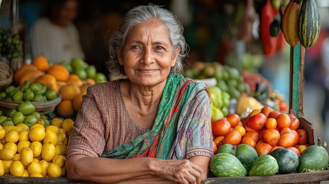 Elderly woman stands behind a fruit stand smiling in an outdoor market.