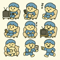 Cartoon character enjoying various activities home, including watching TV, relaxing
