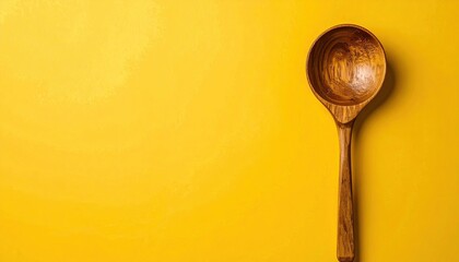 Cooking action with wooden spoon kitchen setting food preparation yellow background top-down view culinary concept