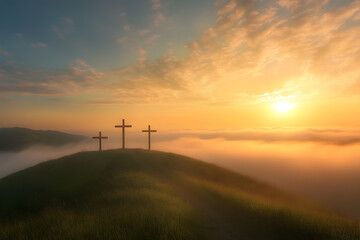 Obraz premium Three crosses on hill at sunrise symbolizing hope, faith, and resurrection in Christian spirituality