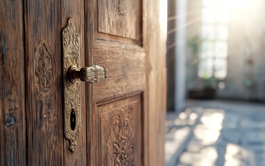 Obraz premium Classic Wooden Door with Ornate Handle in Soft Light Setting