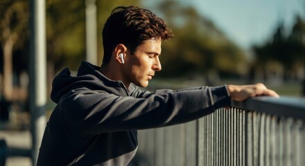 Young caucasian male jogger resting with earbuds in park