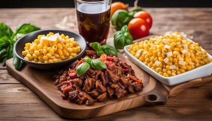 Delicious BBQ Meat and Corn Side Dishes on Wooden Table