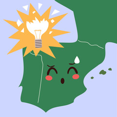 Cartoon of an anthropomorphic Spain map character with a broken light bulb and worried face, symbolizing an energy blackout or power crisis