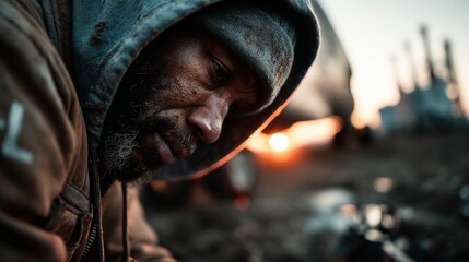 A rugged man in a hooded jacket repairing an old spaceship at sunrise