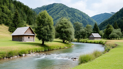 Fototapeta premium Lush Green Mountains Bordering A Flowing River In Slovakia With Traditional Wooden Structures And Abundant Trees Under A Clear Sky