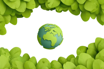 Green Leaves Frame Encircling A 3D Earth Globe Illustration isolated on a transparent background