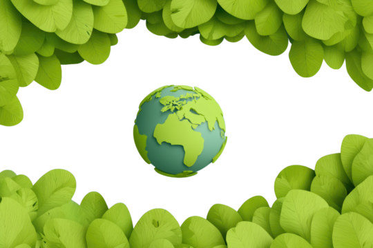 Green Leaves Frame Encircling A 3D Earth Globe Illustration isolated on a transparent background