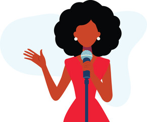 Flat vector illustration of a confident woman speaking on stage with microphone, representing public speaking, presentation, leadership, and empowerment.