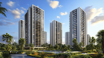 Fototapeta premium Modern high rise buildings surrounded by lush greenery and serene landscape