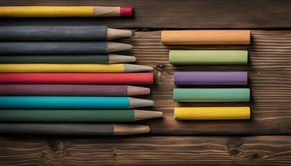 Colorful Pencils and Chalk on Wooden Table