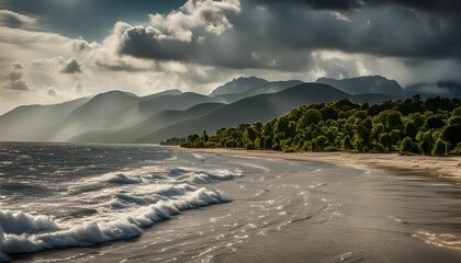 Tranquil Beachscape with Mountain Range