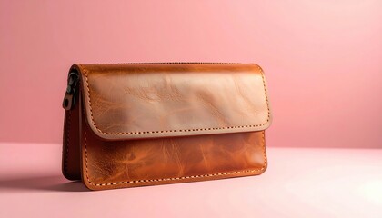 Elegant leather wallet displayed on pink background product photography modern aesthetic close-up fashion accessory