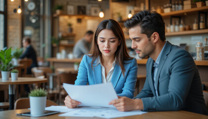 Professional couple is engaged discussion while reviewing documents modern cafe setting, showcasing collaboration and focus