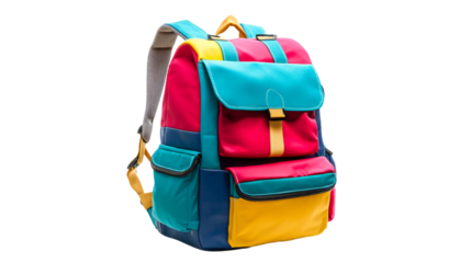 Vibrant Multifunctional Backpack with Various Pockets Isolated on White Background