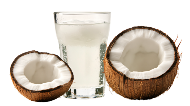 Refreshing Coconut Water Glass with Slice on White Background