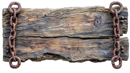 Weathered wooden sign with nails and rusted chains on white background.