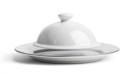 Fototapeta premium White ceramic serving cloche lifted over a matching white plate on white background.